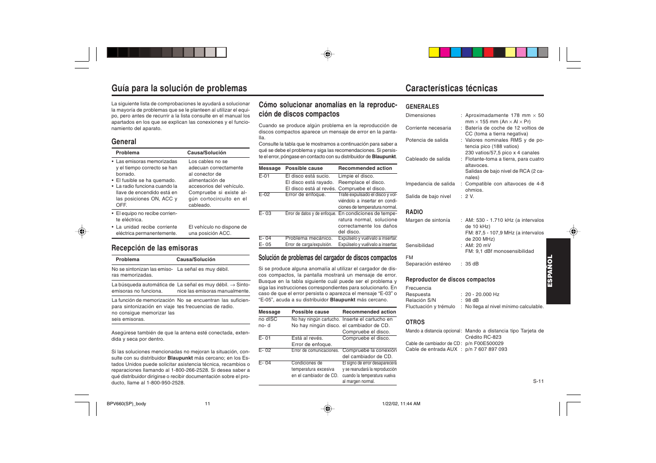 Características técnicas, Guía para la solución de problemas, General recepción de las emisoras | Blaupunkt BPV 660 User Manual | Page 34 / 45