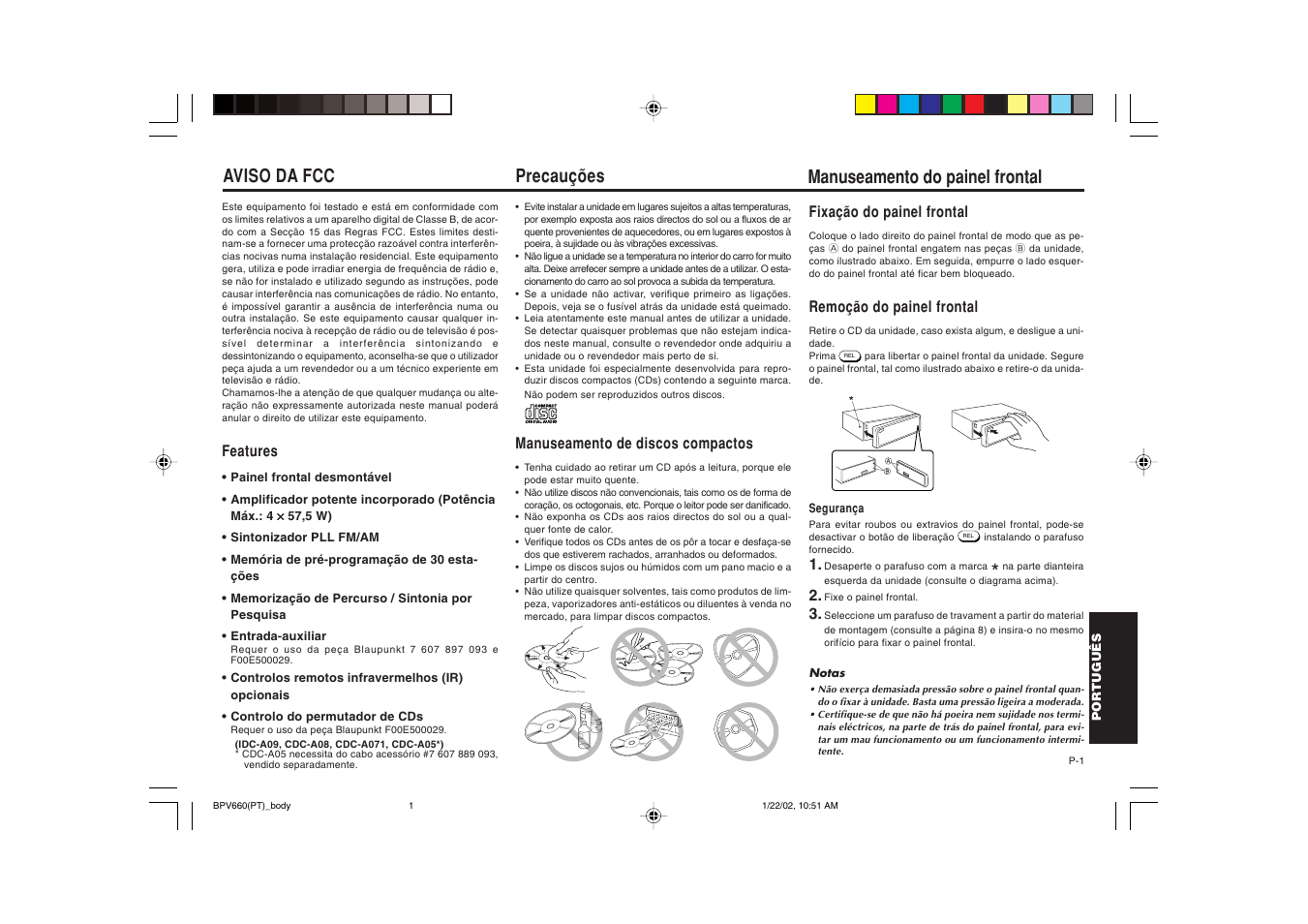 Precauções, Aviso da fcc, Manuseamento do painel frontal | Blaupunkt BPV 660 User Manual | Page 35 / 45