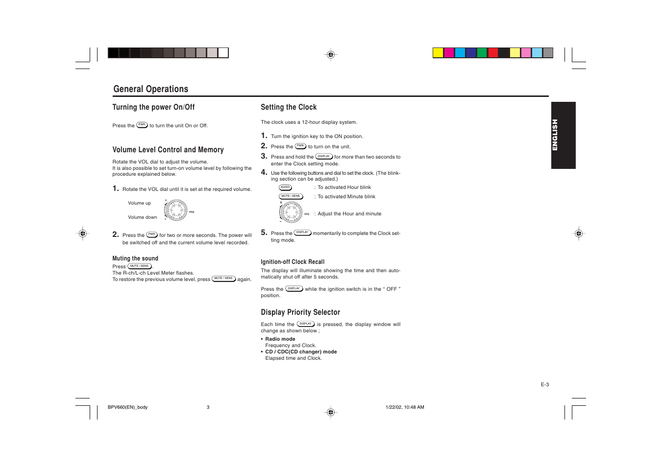 General operations, Turning the power on/off, Setting the clock | Display priority selector | Blaupunkt BPV 660 User Manual | Page 4 / 45