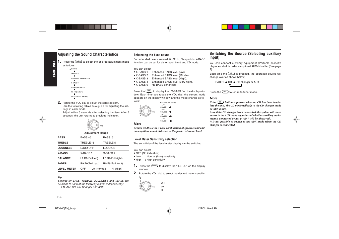 Adjusting the sound characteristics 1, Switching the source (selecting auxiliary input) | Blaupunkt BPV 660 User Manual | Page 5 / 45