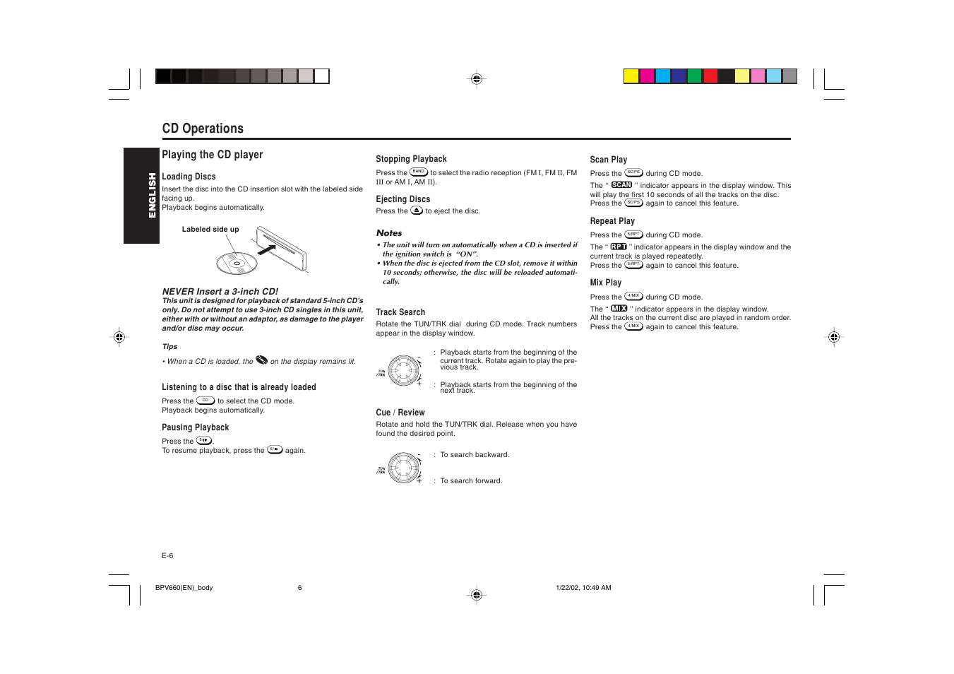 Cd operations, Playing the cd player | Blaupunkt BPV 660 User Manual | Page 7 / 45