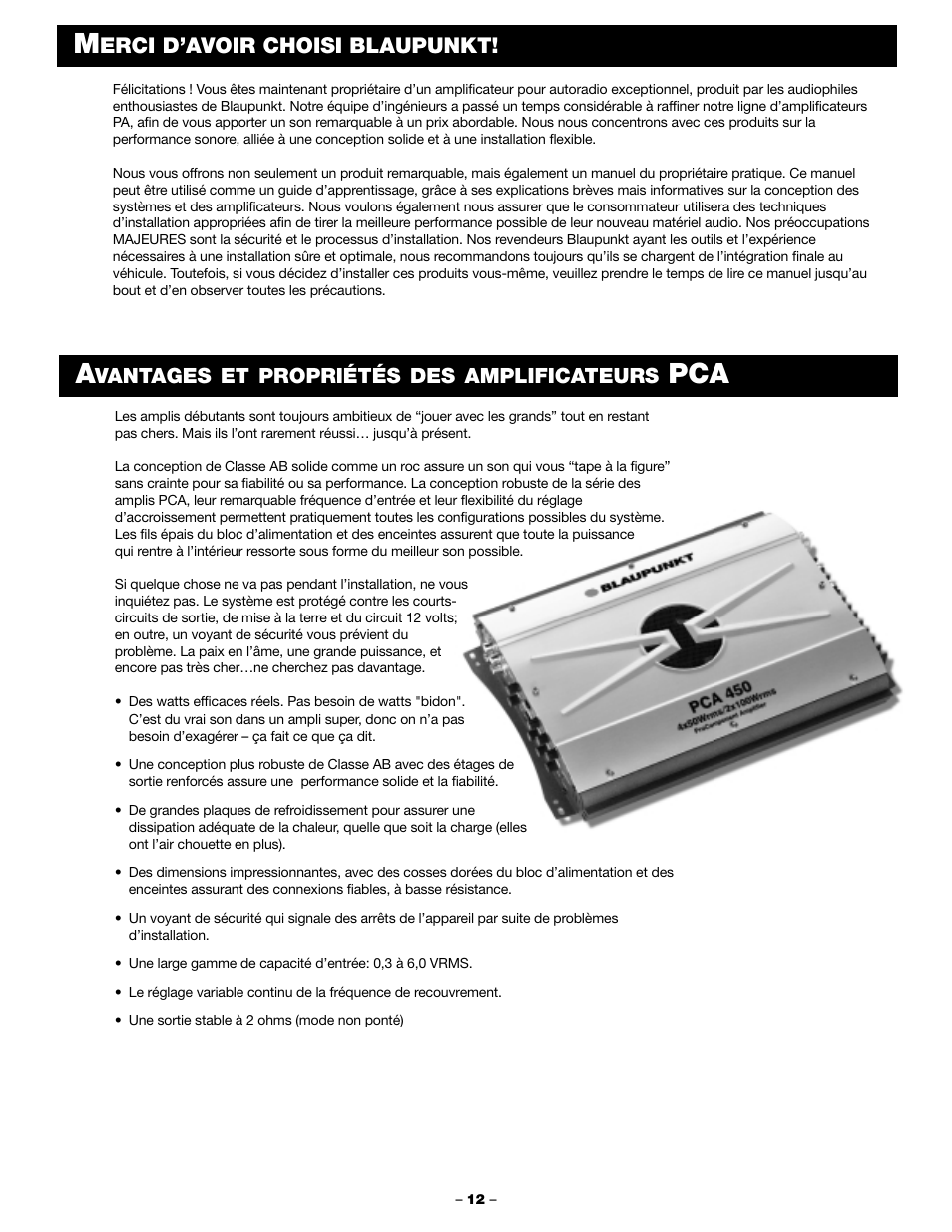 Erci d’avoir choisi blaupunkt, Vantages et propriétés des amplificateurs | Blaupunkt PCA 450 User Manual | Page 14 / 44