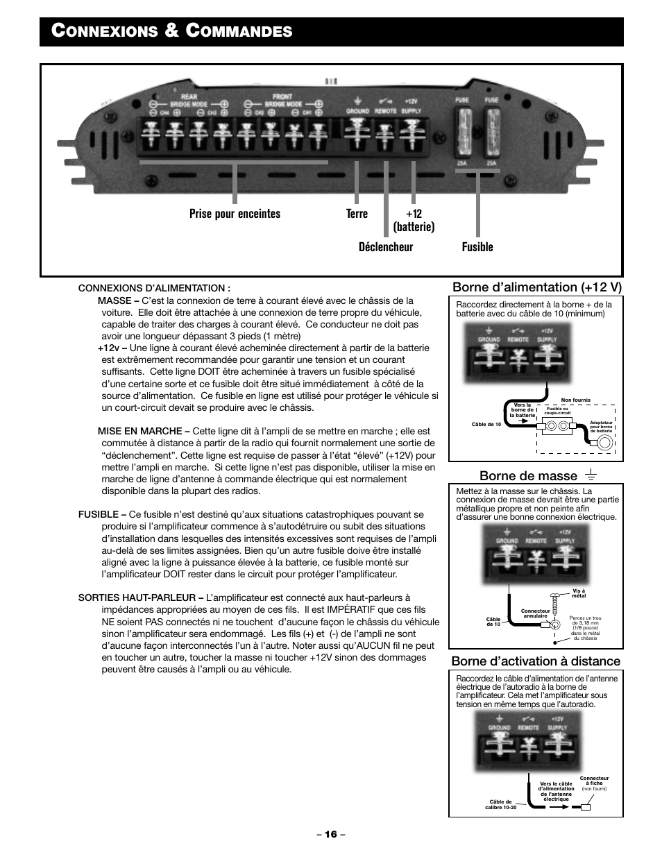 Onnexions, Ommandes, Borne d’alimentation (+12 v) | Borne de masse borne d’activation à distance | Blaupunkt PCA 450 User Manual | Page 18 / 44