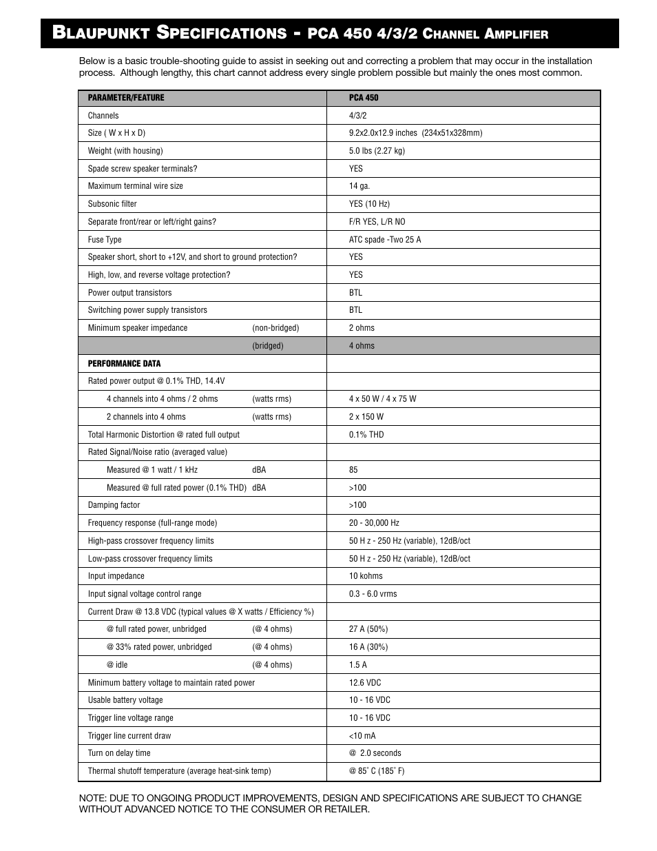 Laupunkt, Pecifications | Blaupunkt PCA 450 User Manual | Page 2 / 44