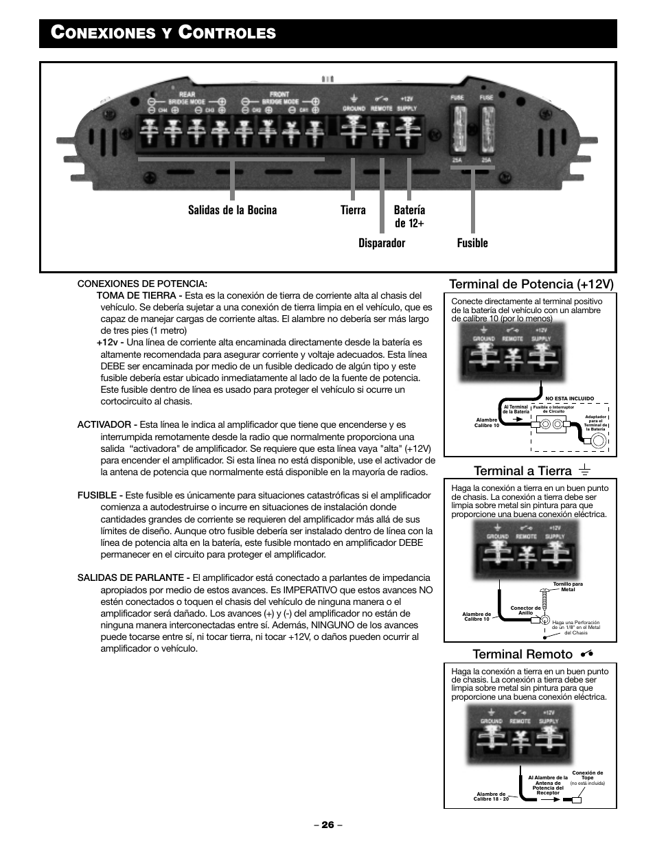 Onexiones y, Ontroles, Terminal de potencia (+12v) | Terminal a tierra terminal remoto | Blaupunkt PCA 450 User Manual | Page 28 / 44