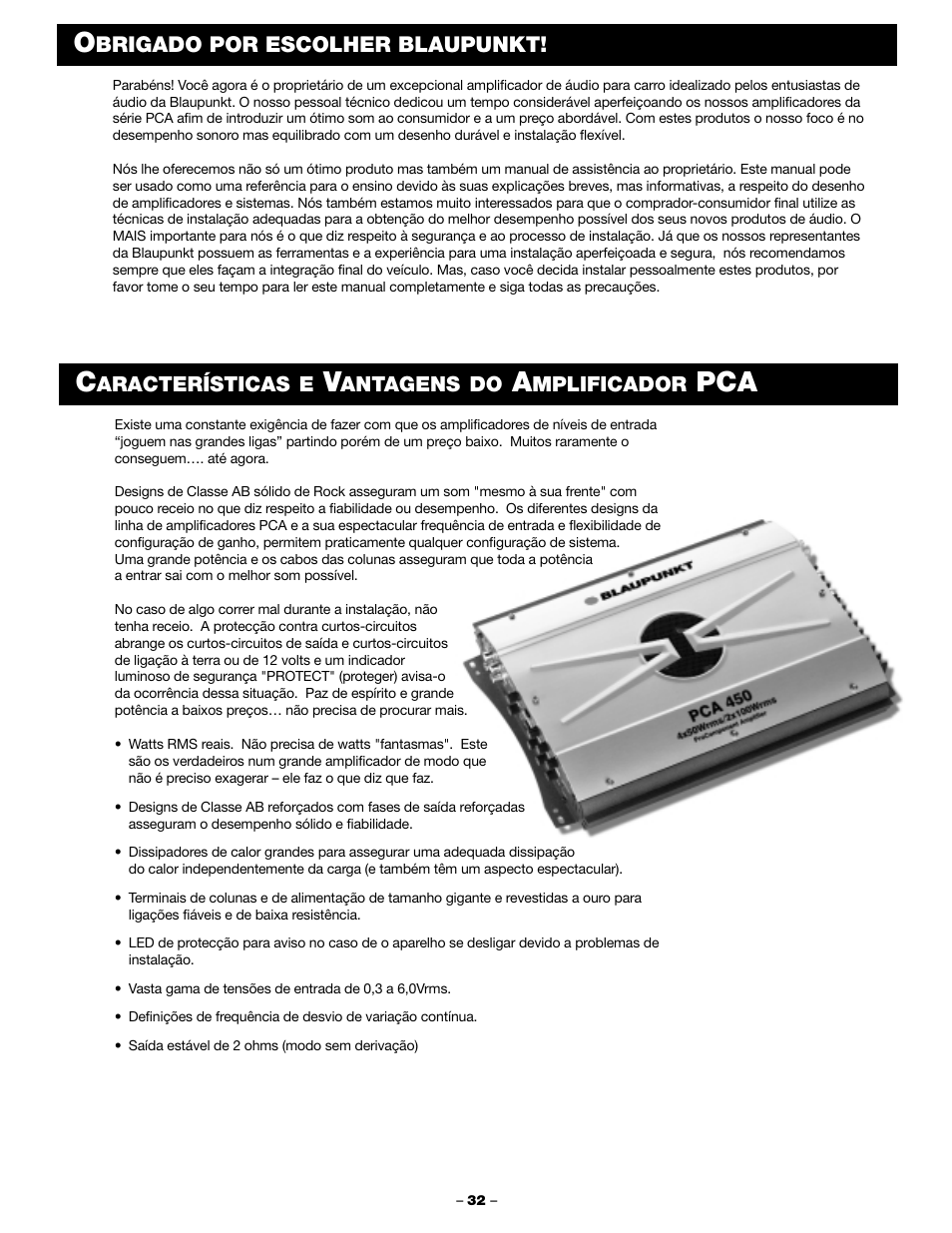 Brigado por escolher blaupunkt, Aracterísticas e, Antagens do | Mplificador | Blaupunkt PCA 450 User Manual | Page 34 / 44