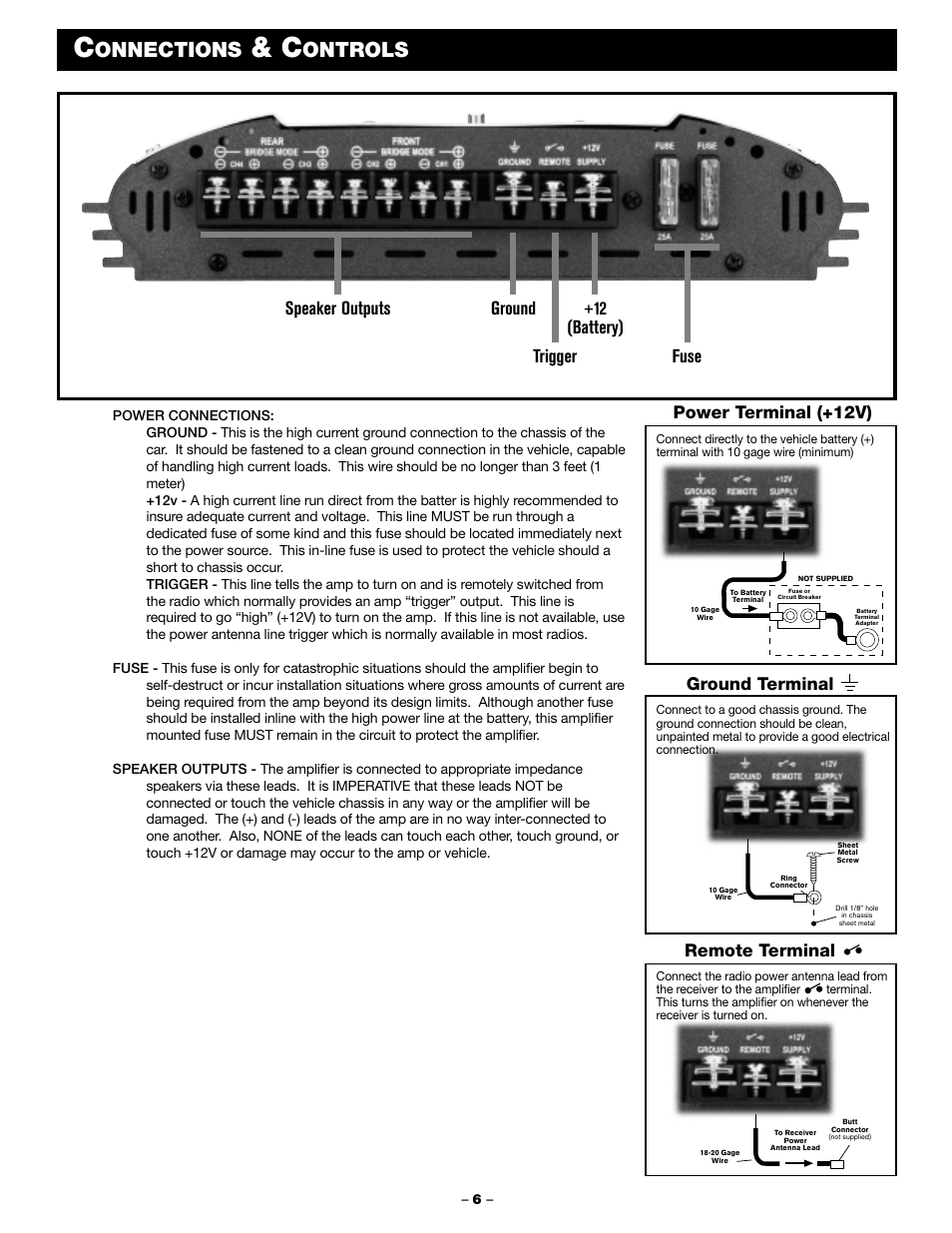 Onnections, Ontrols, Speaker outputs ground +12 (battery) trigger fuse | Power terminal (+12v), Ground terminal remote terminal | Blaupunkt PCA 450 User Manual | Page 8 / 44