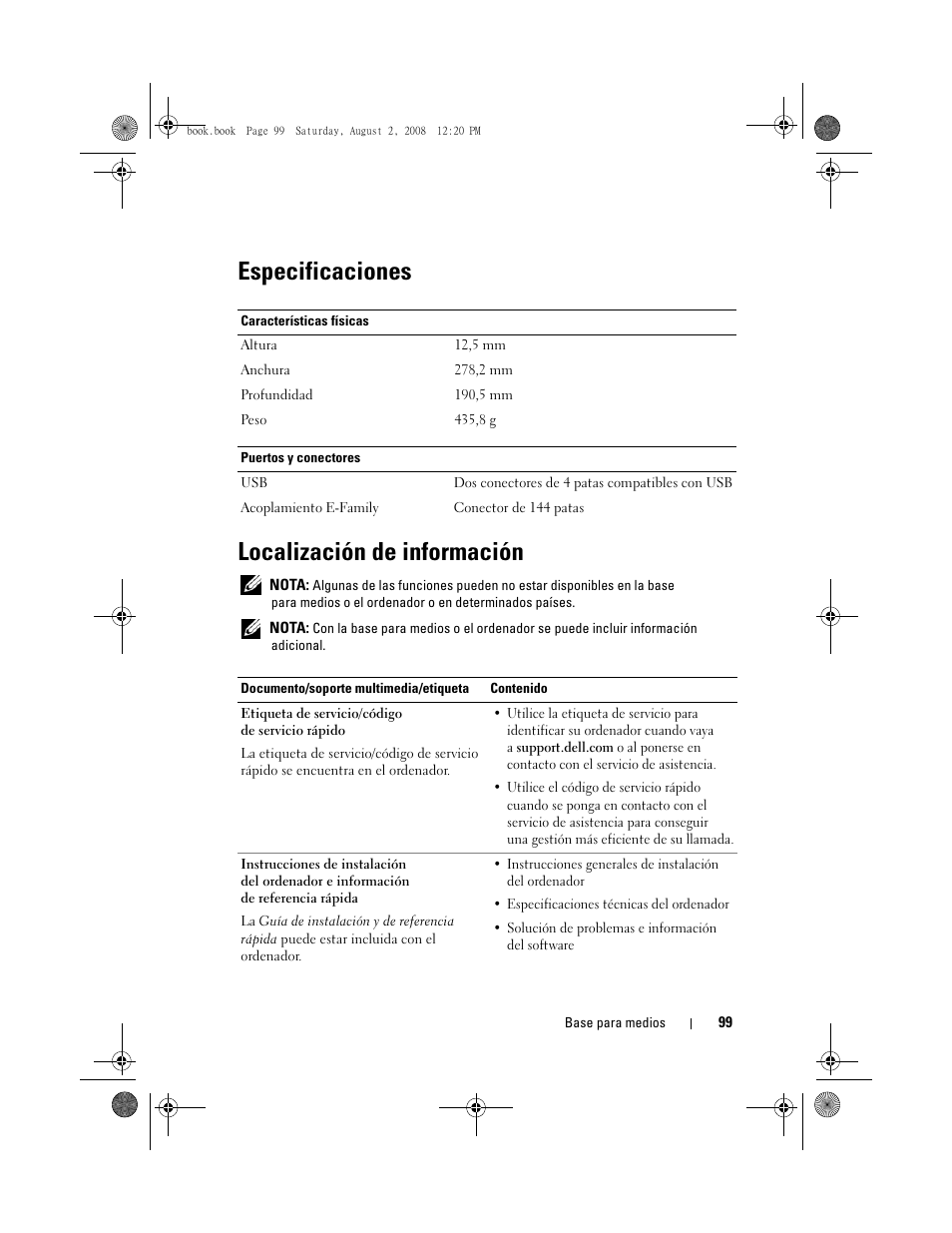 Especificaciones, Localización de información, Especificaciones localización de información | Dell Latitude E4200 (Late 2008) User Manual | Page 101 / 122