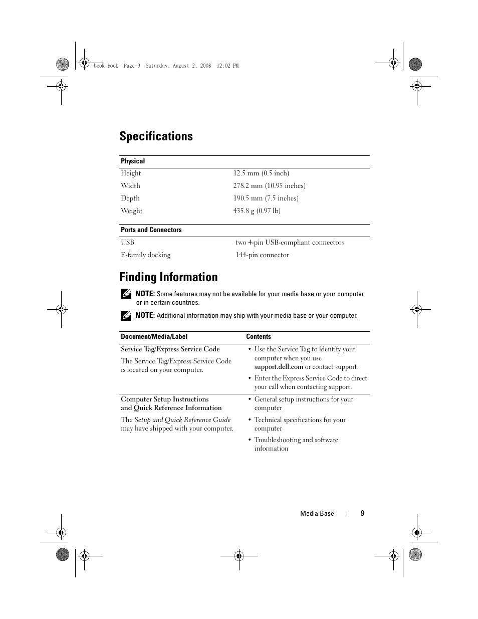 Specifications, Finding information, Specifications finding information | Dell Latitude E4200 (Late 2008) User Manual | Page 11 / 122