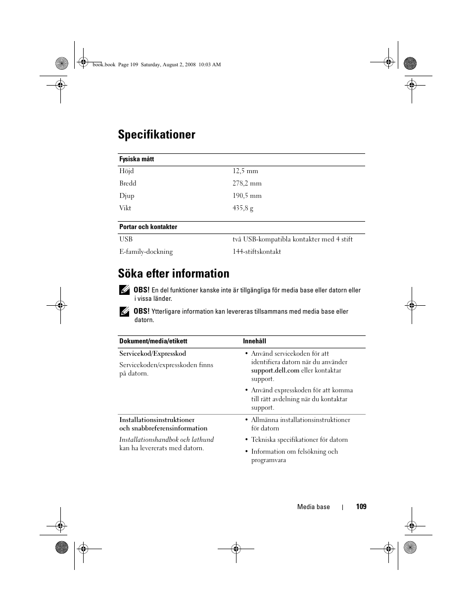 Specifikationer, Söka efter information, Specifikationer söka efter information | Dell Latitude E4200 (Late 2008) User Manual | Page 111 / 122