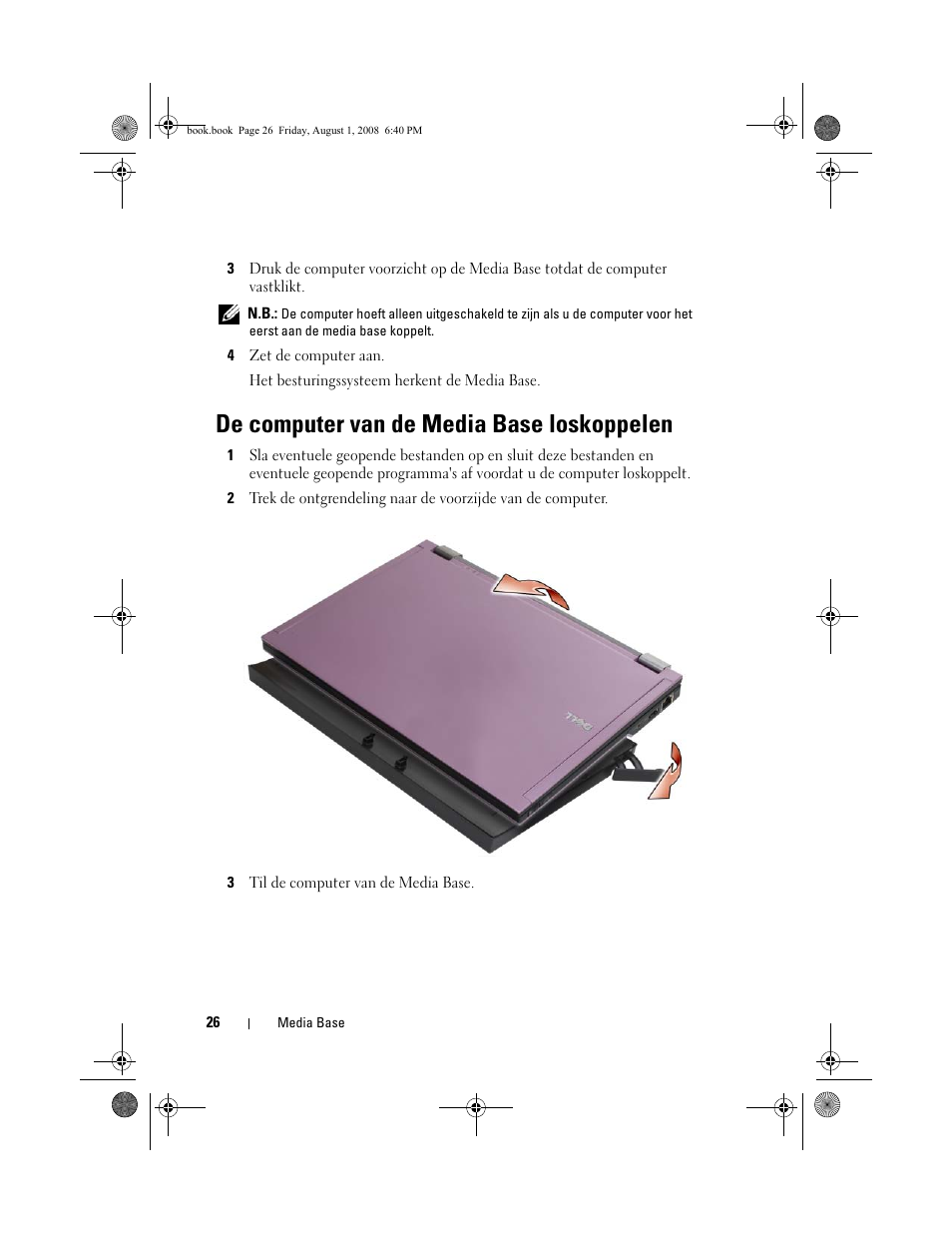 De computer van de media base loskoppelen | Dell Latitude E4200 (Late 2008) User Manual | Page 28 / 122