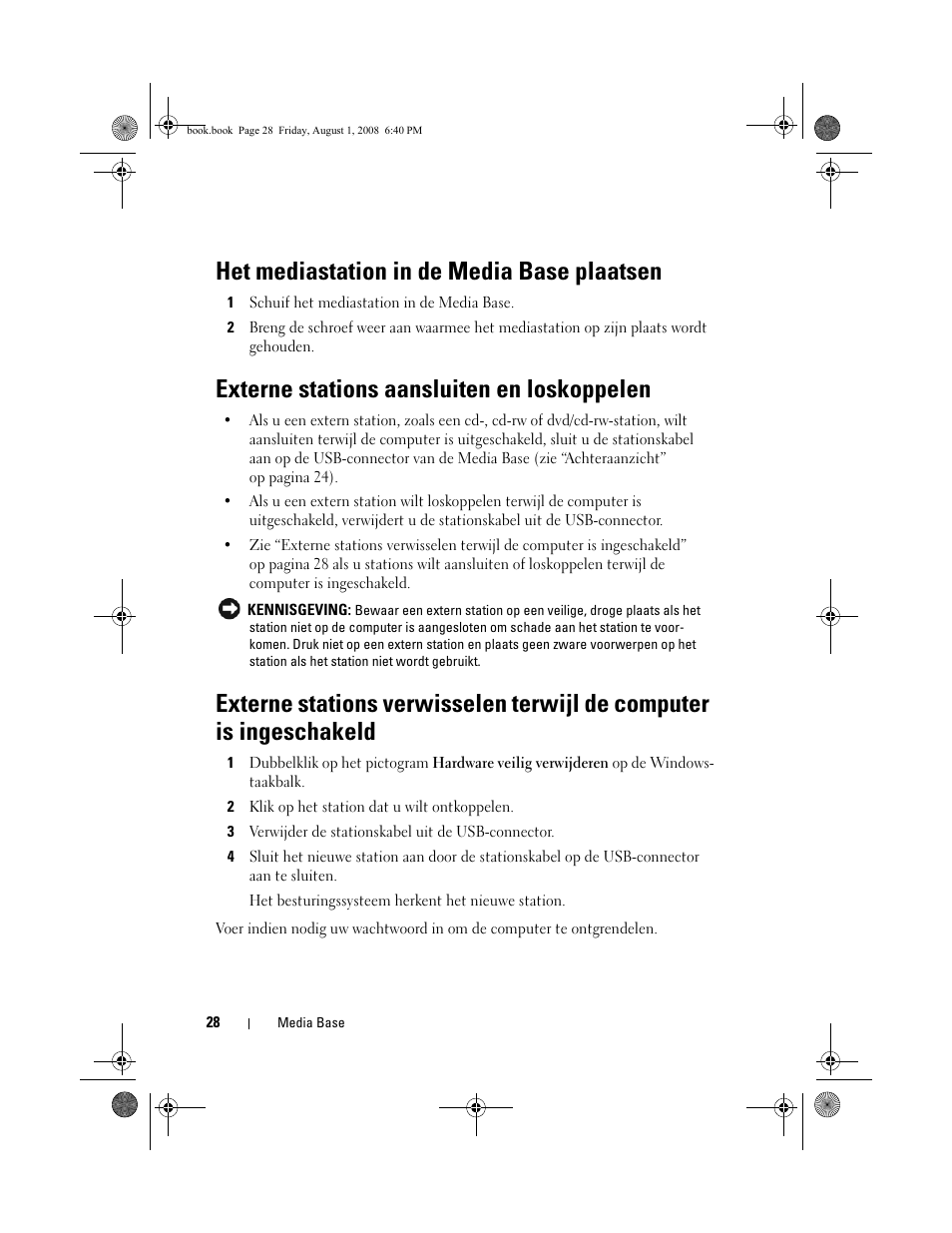 Het mediastation in de media base plaatsen, Externe stations aansluiten en loskoppelen | Dell Latitude E4200 (Late 2008) User Manual | Page 30 / 122