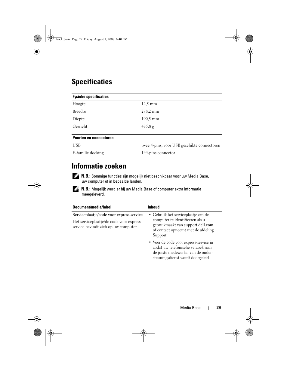 Specificaties, Informatie zoeken, Specificaties informatie zoeken | Dell Latitude E4200 (Late 2008) User Manual | Page 31 / 122