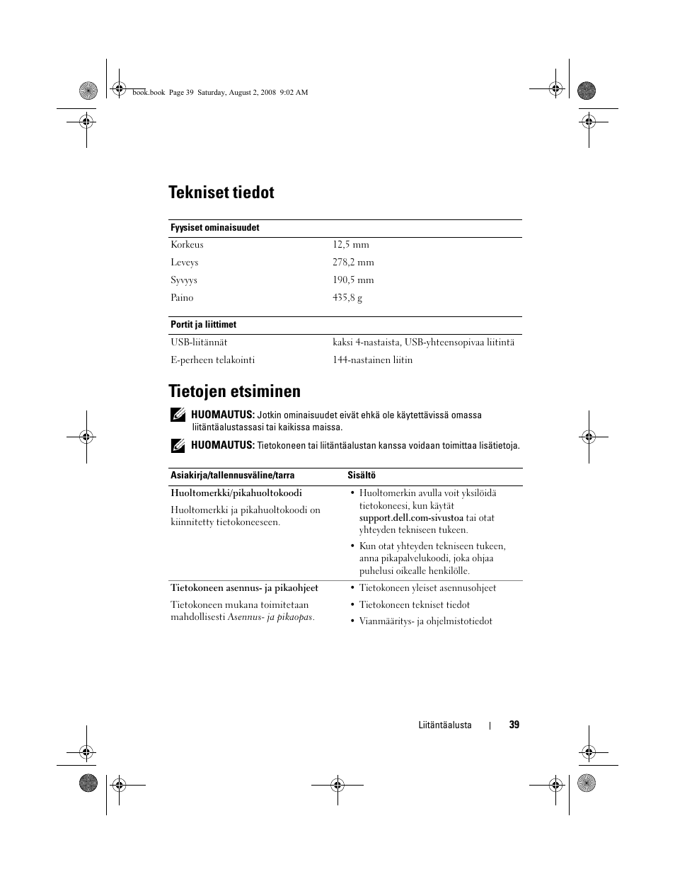 Tekniset tiedot, Tietojen etsiminen, Tekniset tiedot tietojen etsiminen | Dell Latitude E4200 (Late 2008) User Manual | Page 41 / 122