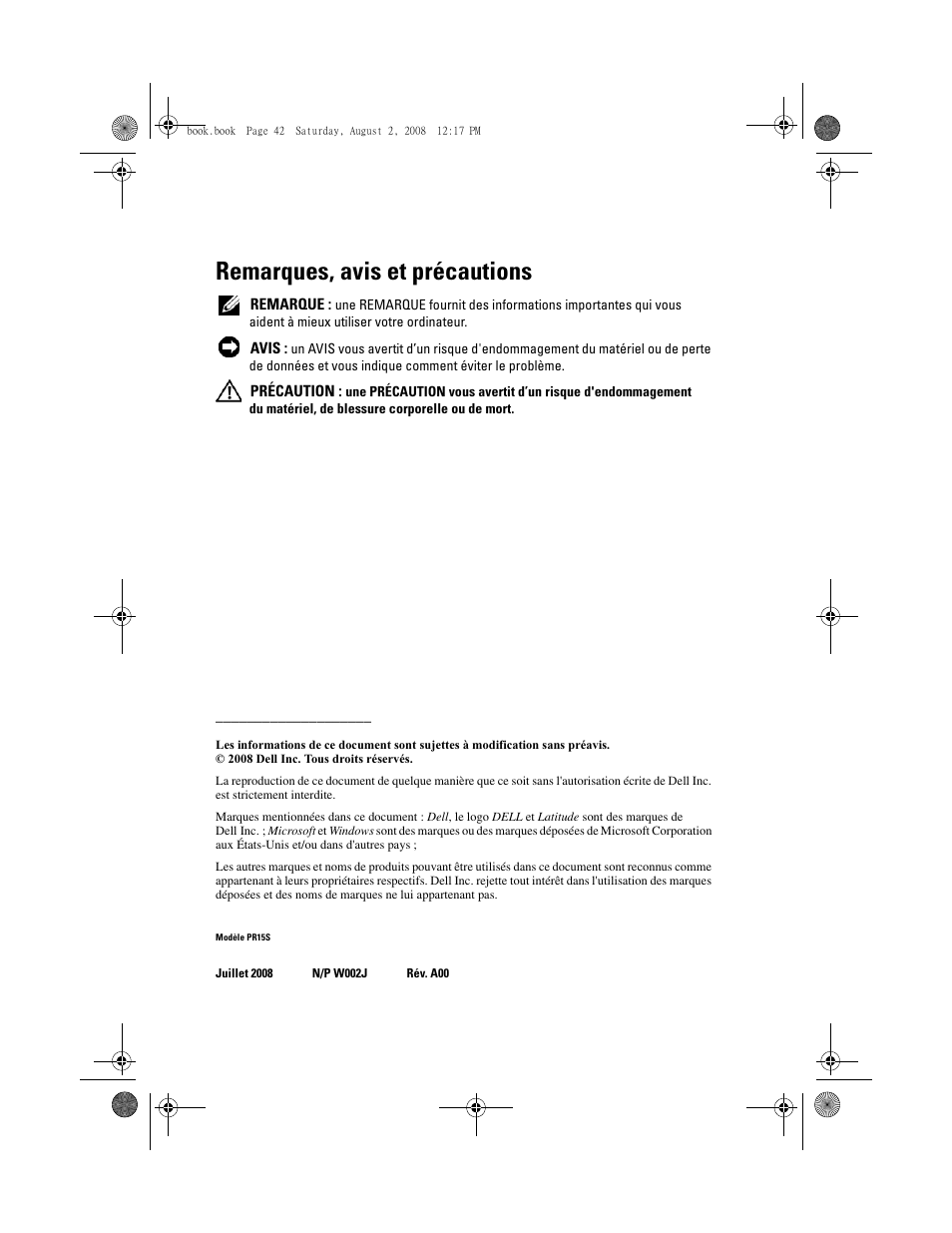 Remarques, avis et précautions | Dell Latitude E4200 (Late 2008) User Manual | Page 44 / 122