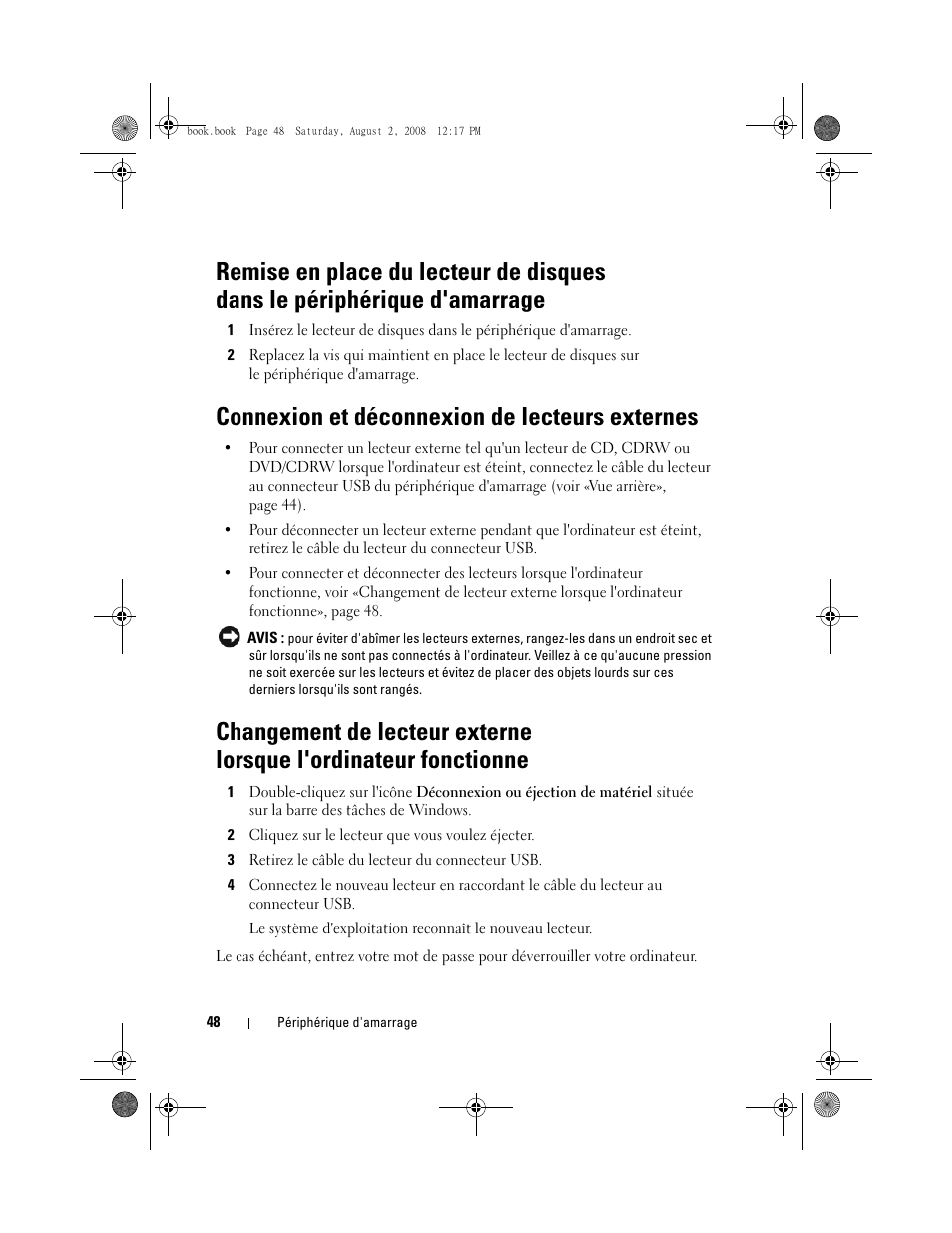 Connexion et déconnexion de lecteurs externes | Dell Latitude E4200 (Late 2008) User Manual | Page 50 / 122