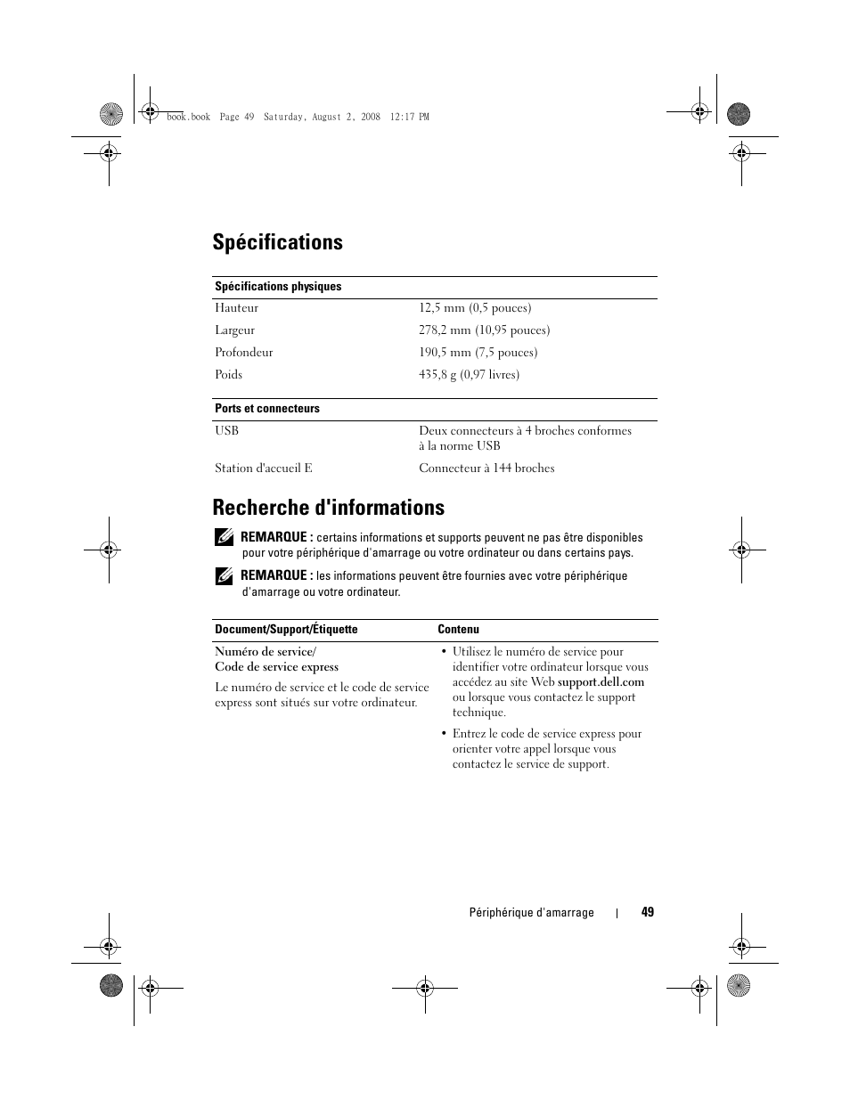 Spécifications, Recherche d'informations, Spécifications recherche d'informations | Dell Latitude E4200 (Late 2008) User Manual | Page 51 / 122