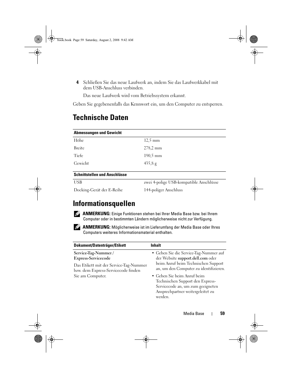 Technische daten, Informationsquellen, Technische daten informationsquellen | Dell Latitude E4200 (Late 2008) User Manual | Page 61 / 122
