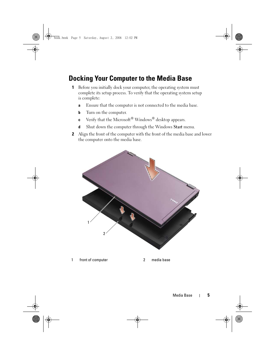 Docking your computer to the media base | Dell Latitude E4200 (Late 2008) User Manual | Page 7 / 122