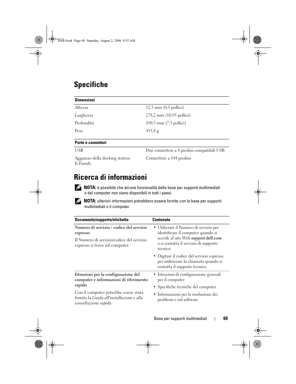 Specifiche, Ricerca di informazioni, Specifiche ricerca di informazioni | Dell Latitude E4200 (Late 2008) User Manual | Page 71 / 122