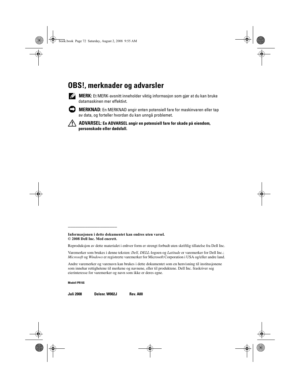 Obs!, merknader og advarsler | Dell Latitude E4200 (Late 2008) User Manual | Page 74 / 122