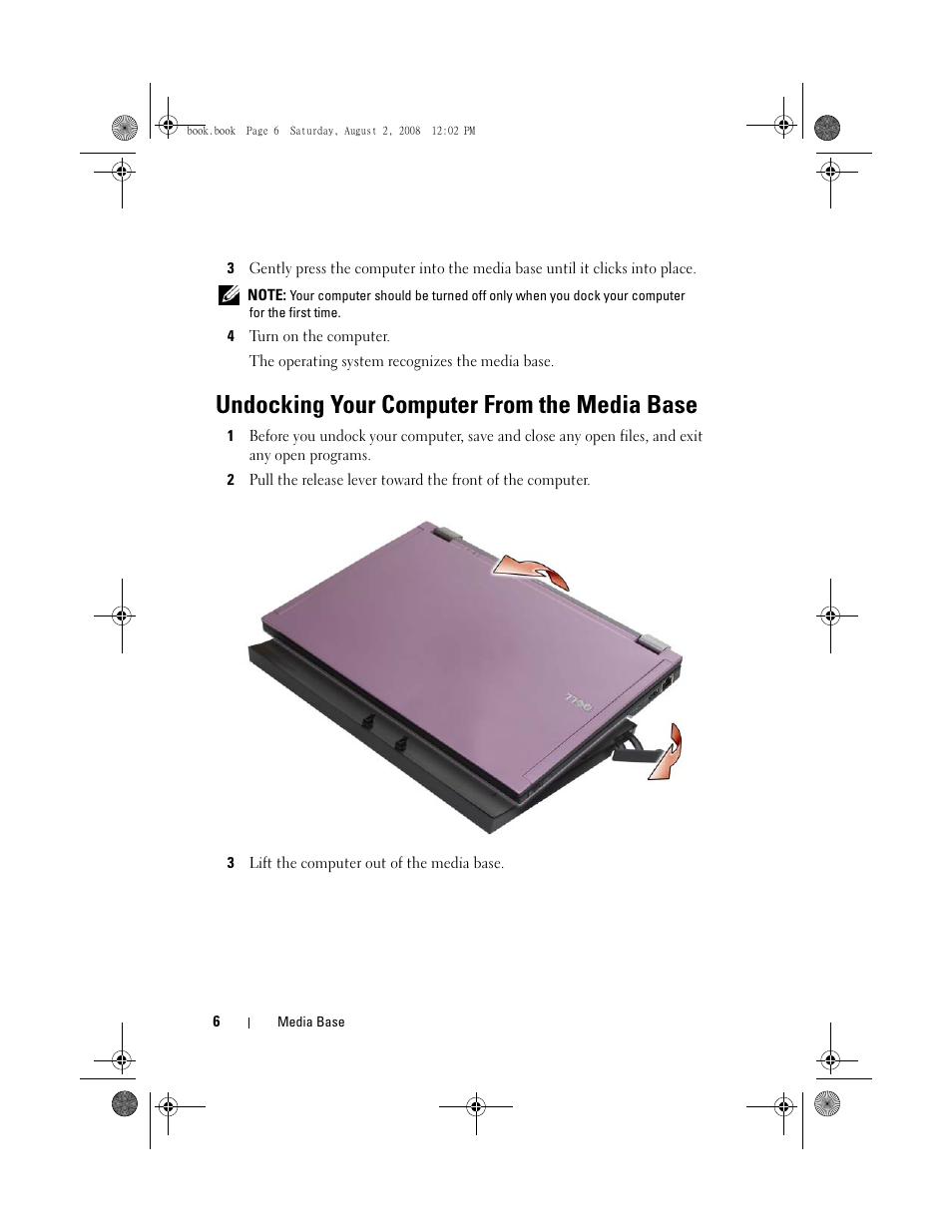 Undocking your computer from the media base | Dell Latitude E4200 (Late 2008) User Manual | Page 8 / 122