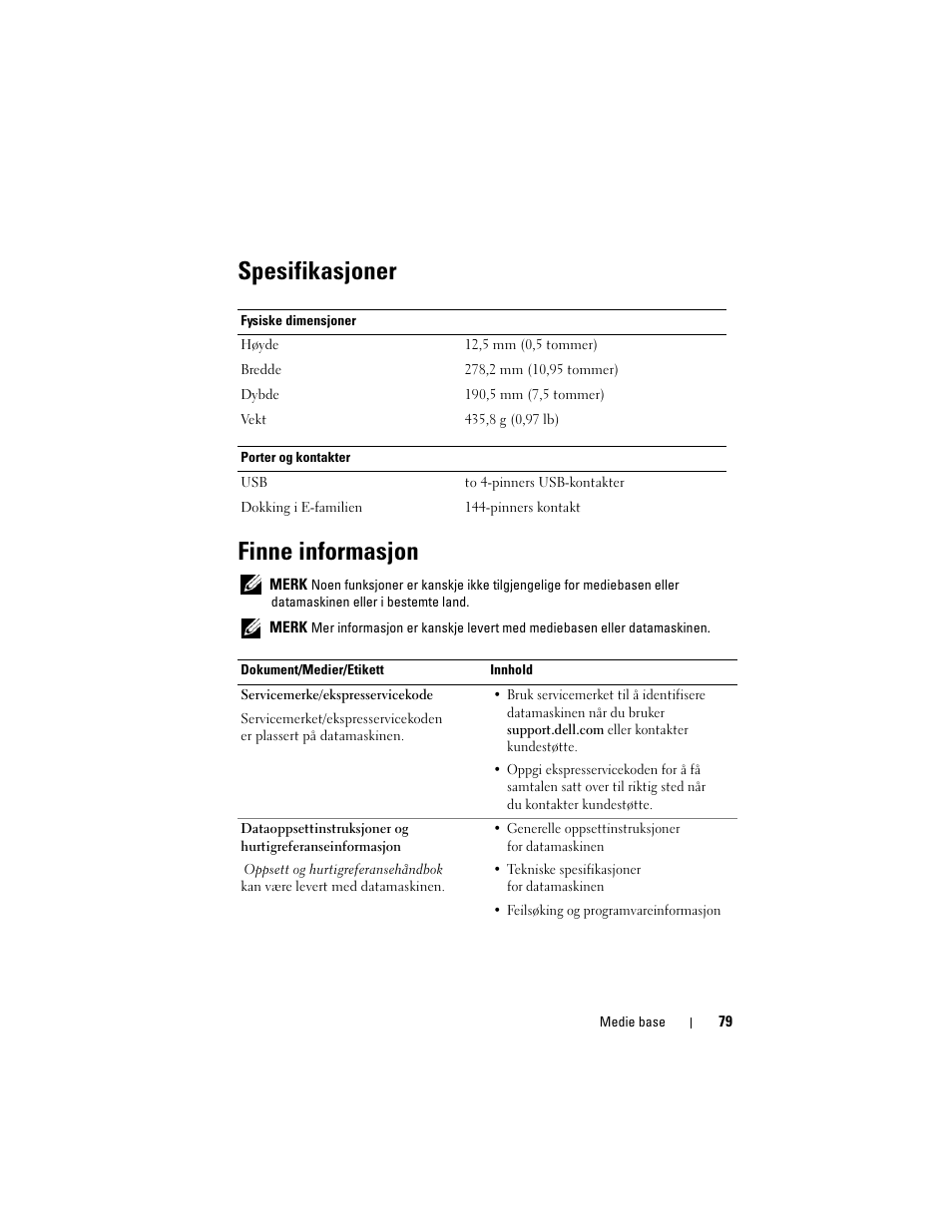 Spesifikasjoner, Finne informasjon, Spesifikasjoner finne informasjon | Dell Latitude E4200 (Late 2008) User Manual | Page 81 / 122