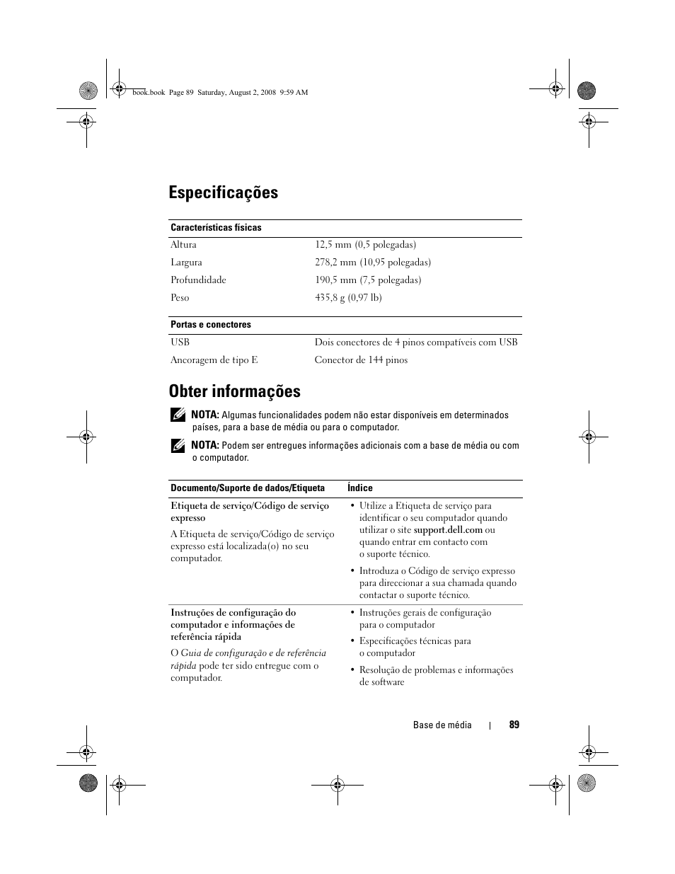 Especificações, Obter informações, Especificações obter informações | Dell Latitude E4200 (Late 2008) User Manual | Page 91 / 122