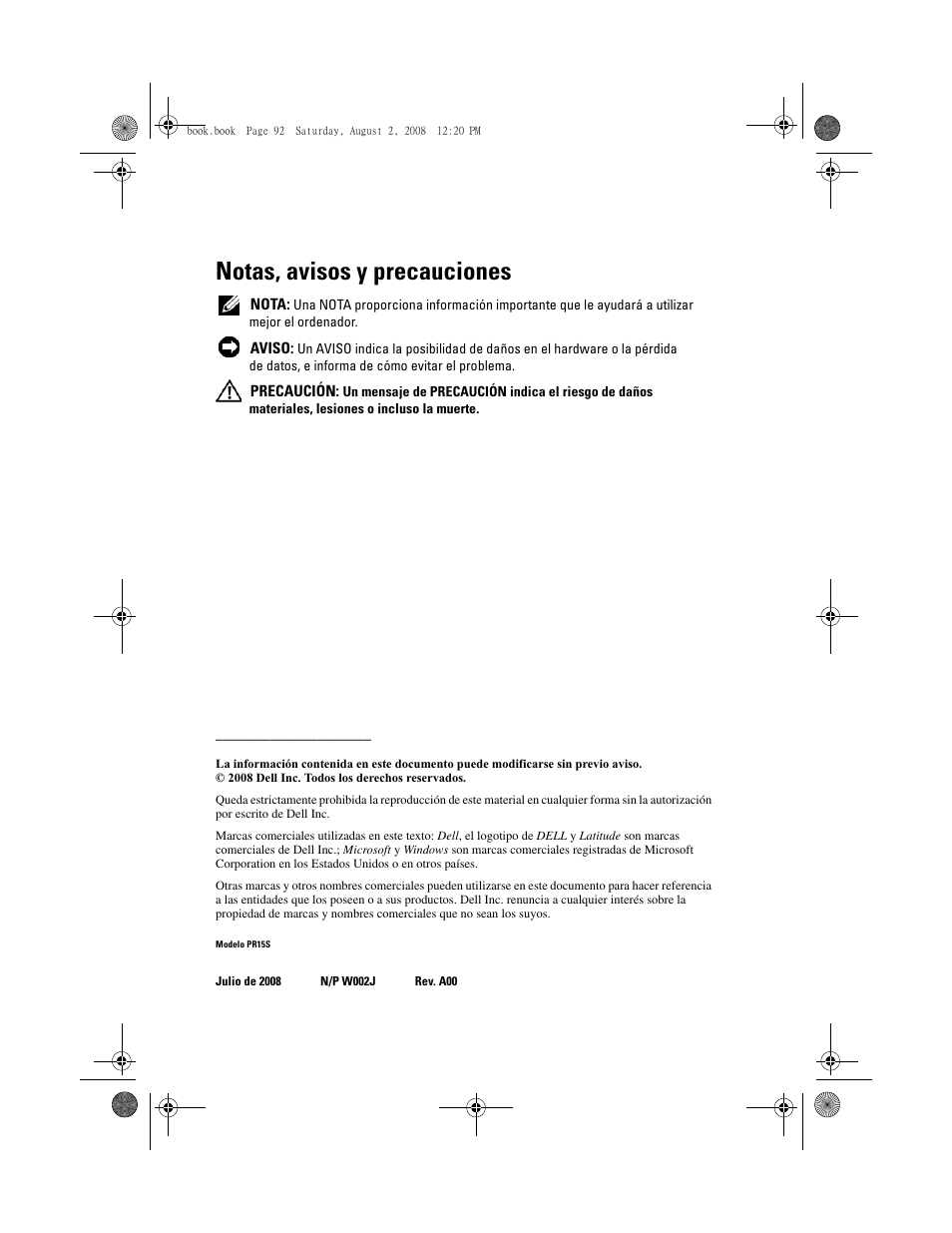 Notas, avisos y precauciones | Dell Latitude E4200 (Late 2008) User Manual | Page 94 / 122