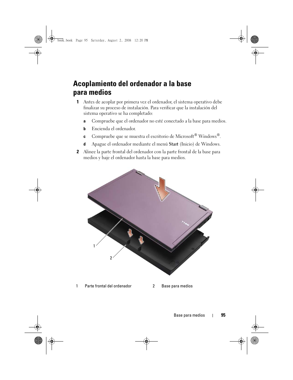 Acoplamiento del ordenador a la base para medios | Dell Latitude E4200 (Late 2008) User Manual | Page 97 / 122