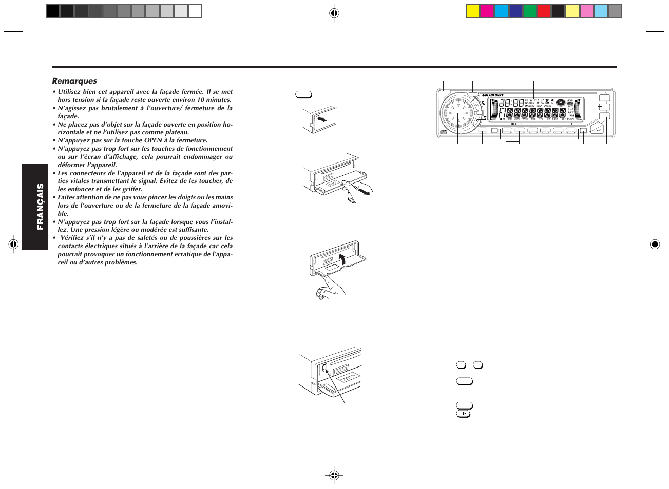 Identification des touches, Retrait de la façade amovible 1, Ejection du cd | Blaupunkt DM2000 User Manual | Page 16 / 53