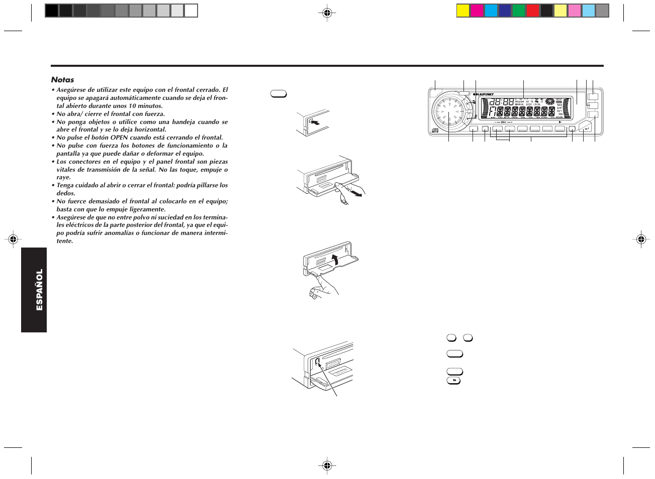 Identificación de los controles, Cómo extraer el frontal 1, Expulsión del disco compacto | Blaupunkt DM2000 User Manual | Page 29 / 53