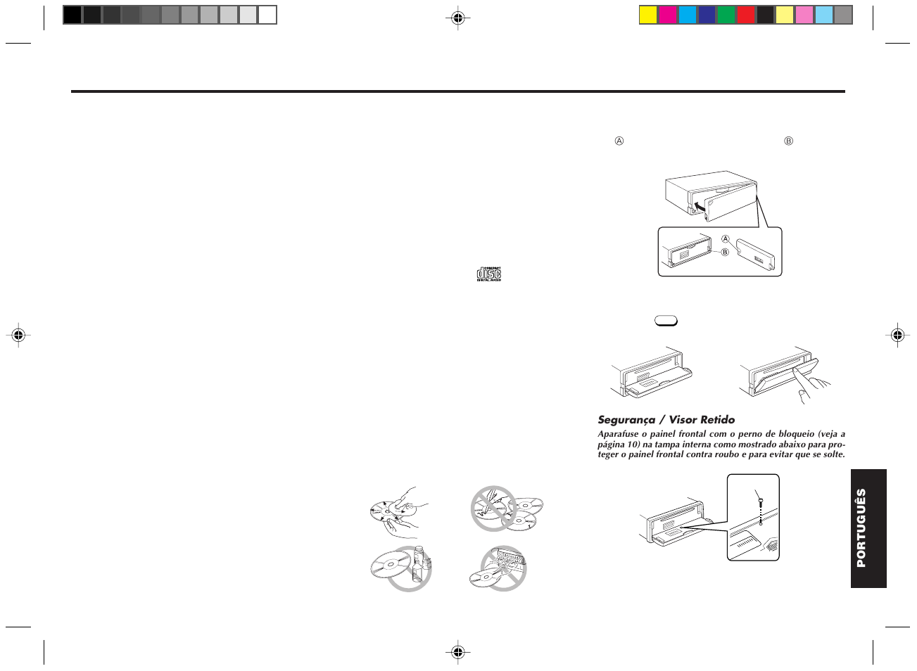 Características, Manuseamento de discos compactos, Fixação do painel frontal | Abrir/fechar o painel frontal | Blaupunkt DM2000 User Manual | Page 41 / 53