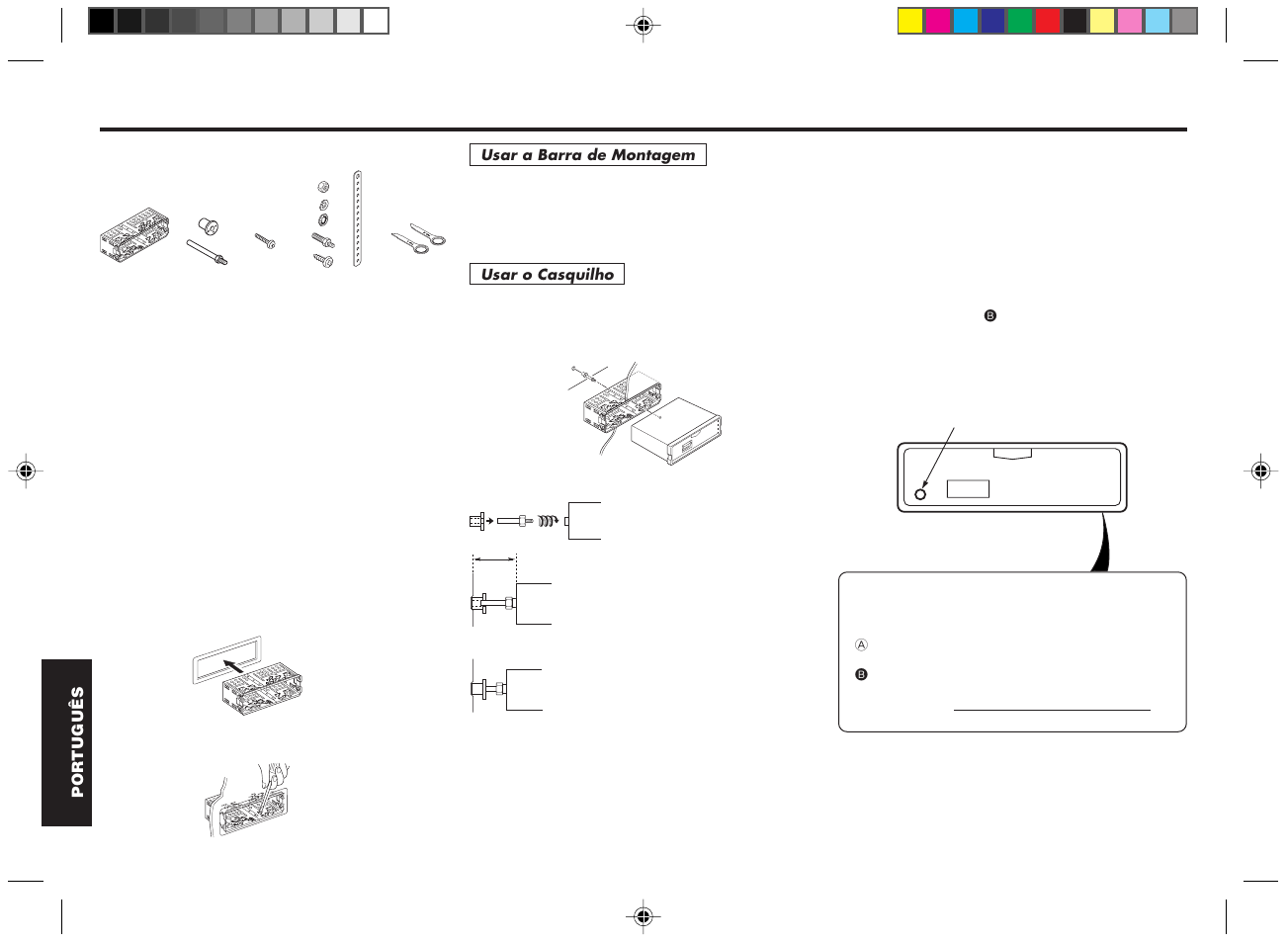 Instalações, Material de montagem fornecido, Precauções | Exemplo de montagem | Blaupunkt DM2000 User Manual | Page 50 / 53