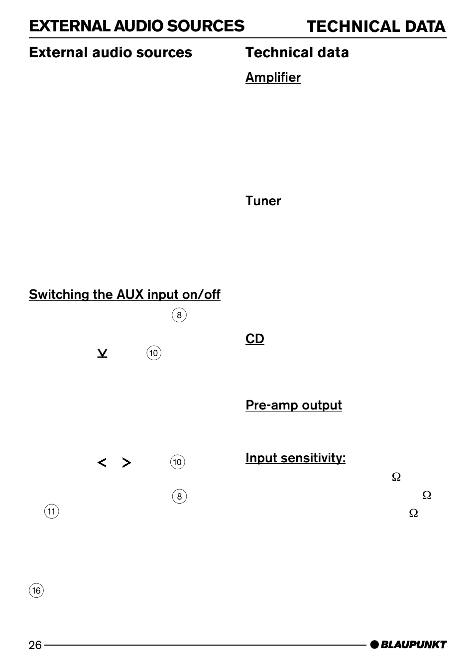 External audio sources, Technical data | Blaupunkt CASABLANCA CD52 7 642 295 310 User Manual | Page 26 / 27