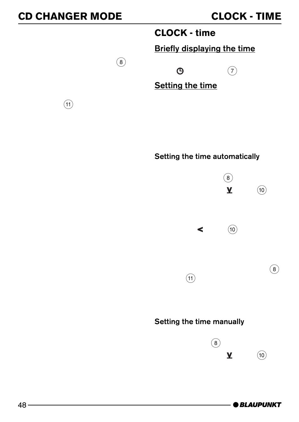 Cd changer mode clock - time, Clock - time | Blaupunkt Casablanca CD51 User Manual | Page 22 / 30