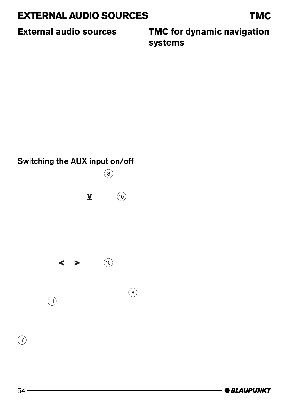 External audio sources tmc, External audio sources, Tmc for dynamic navigation systems | Blaupunkt Casablanca CD51 User Manual | Page 28 / 30