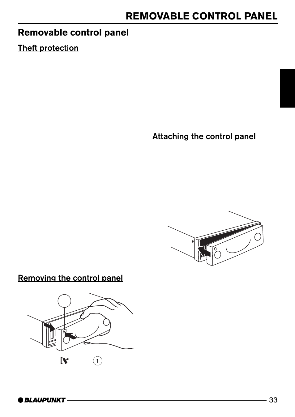 Removable control panel, Theft protection, Removing the control panel 1 | Attaching the control panel | Blaupunkt Casablanca CD51 User Manual | Page 7 / 30