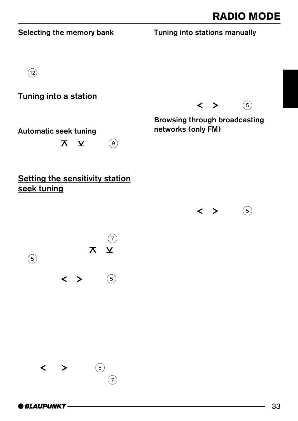 Radio mode, Tuning into a station, Setting the sensitivity station seek tuning | Blaupunkt CD33 User Manual | Page 12 / 25