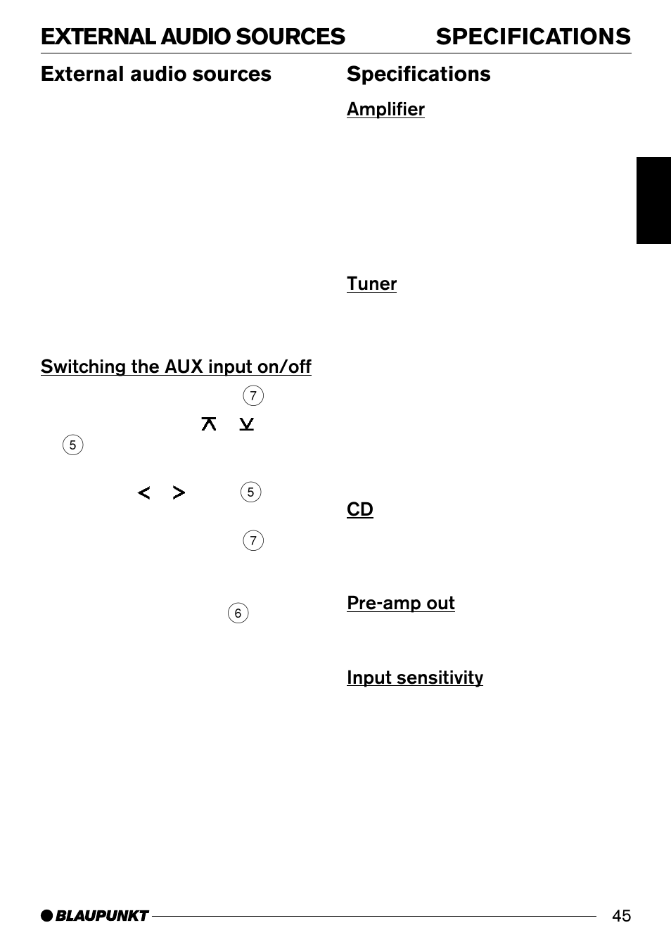 Specifications, External audio sources | Blaupunkt CD33 User Manual | Page 24 / 25