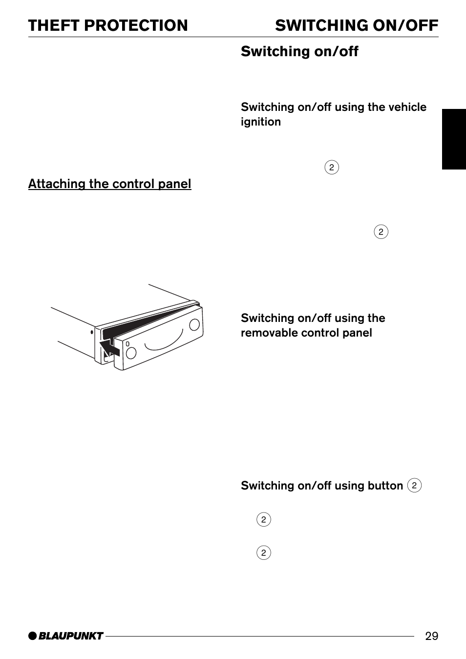 Switching on/off theft protection, Switching on/off, Attaching the control panel | Blaupunkt CD33 User Manual | Page 8 / 25