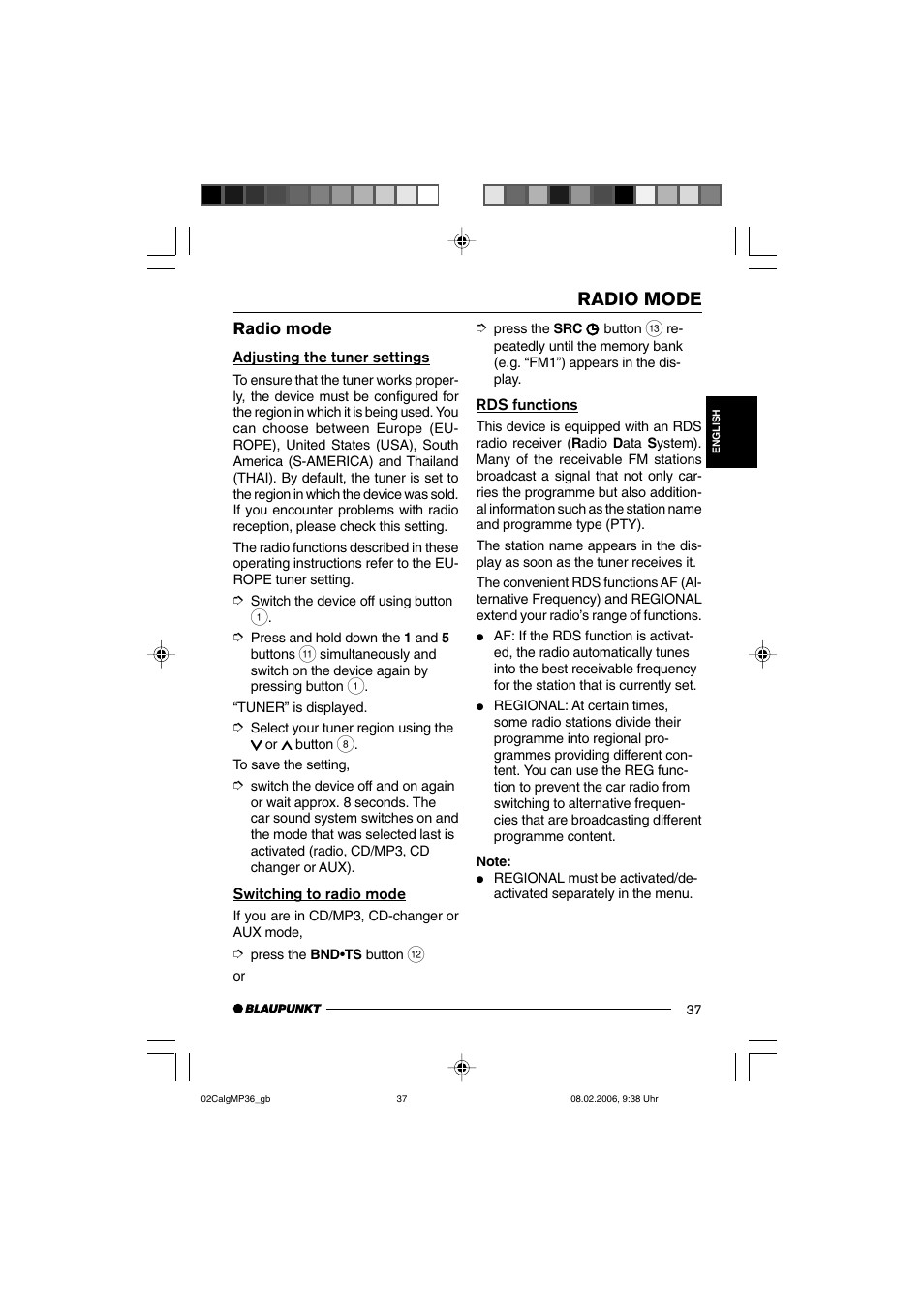 Radio mode | Blaupunkt CALGARY MP36 User Manual | Page 10 / 31