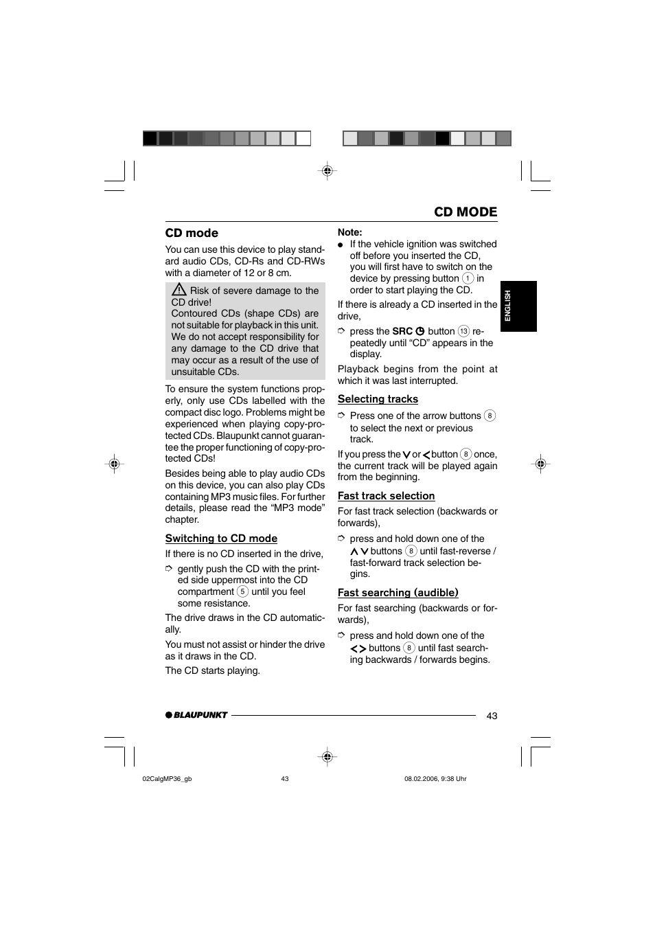 Cd mode | Blaupunkt CALGARY MP36 User Manual | Page 16 / 31