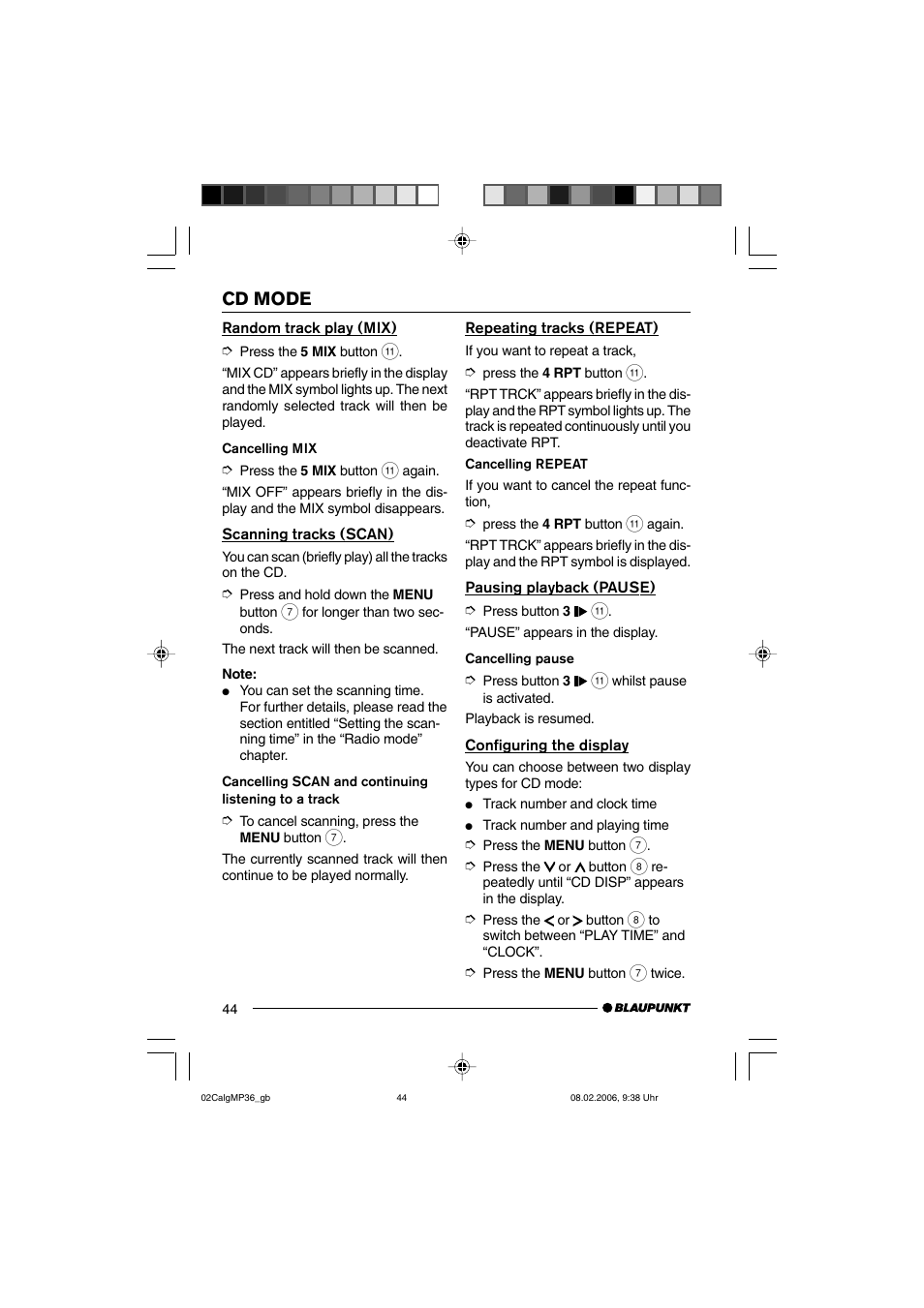 Cd mode | Blaupunkt CALGARY MP36 User Manual | Page 17 / 31
