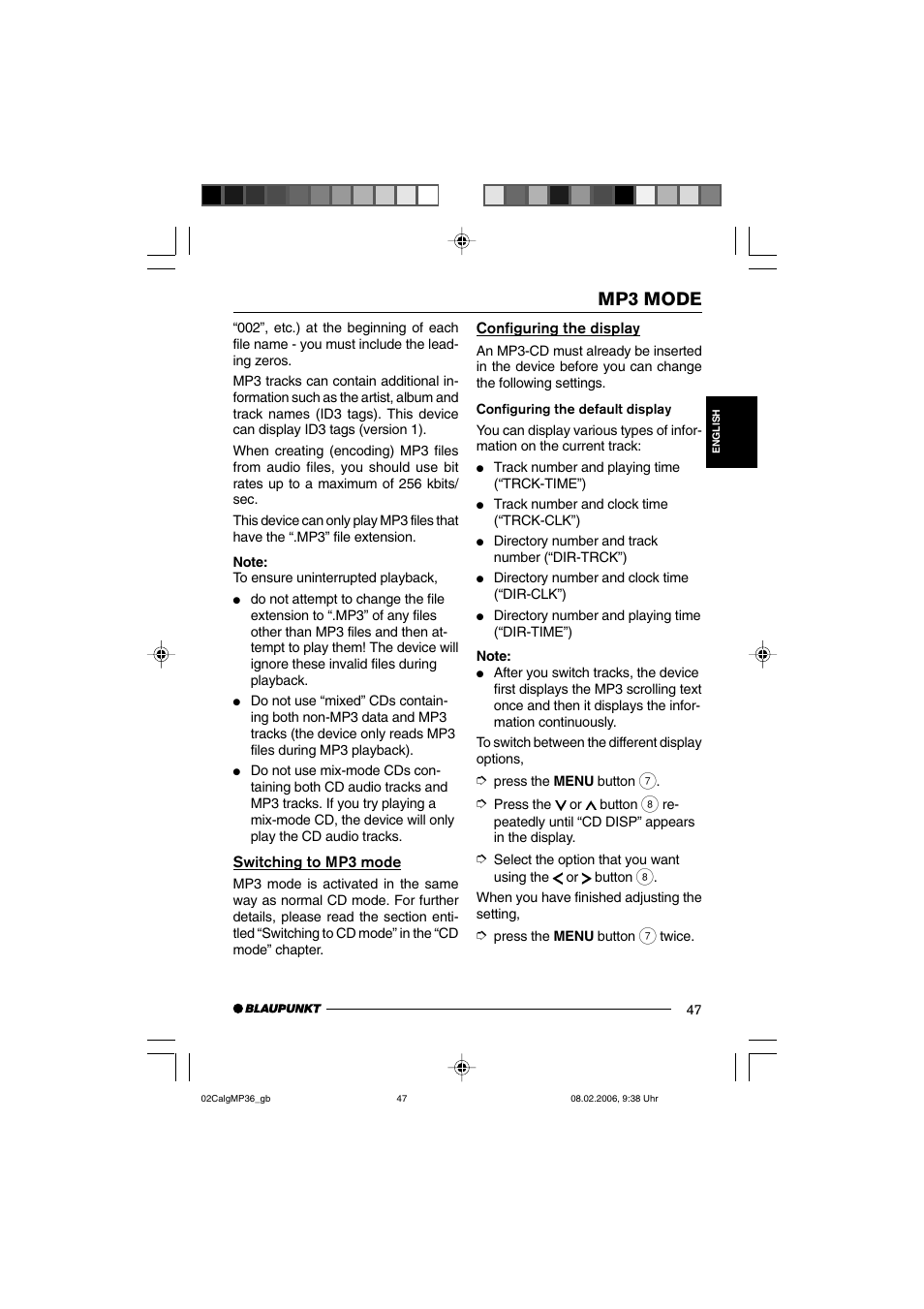 Mp3 mode | Blaupunkt CALGARY MP36 User Manual | Page 20 / 31