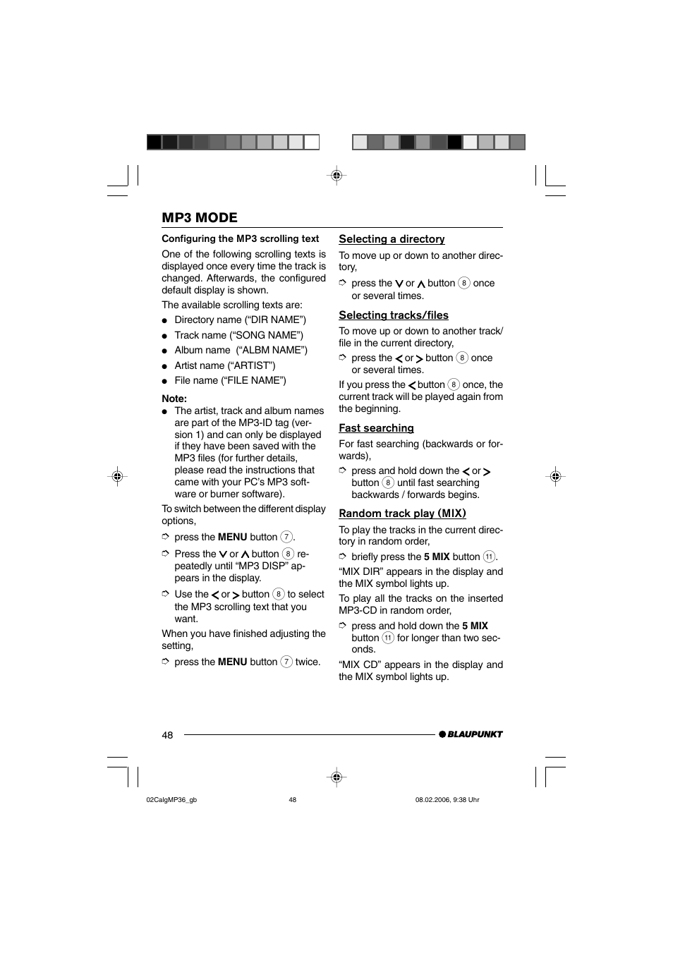 Mp3 mode | Blaupunkt CALGARY MP36 User Manual | Page 21 / 31