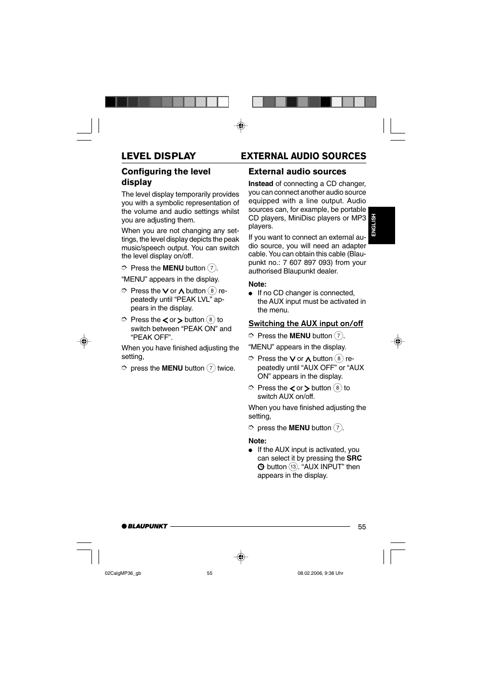 Level display external audio sources, Configuring the level display, External audio sources | Blaupunkt CALGARY MP36 User Manual | Page 28 / 31