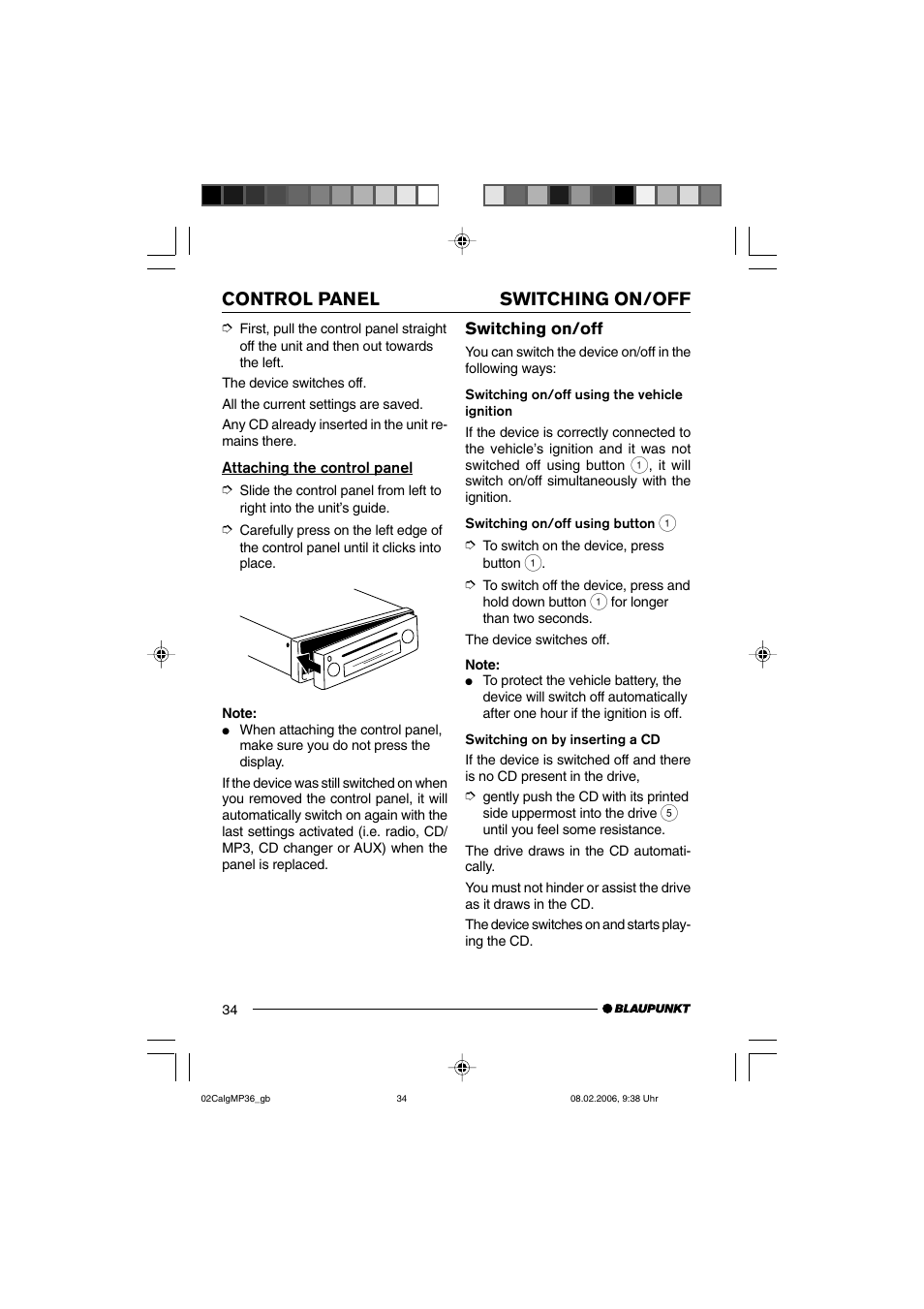 Switching on/off control panel | Blaupunkt CALGARY MP36 User Manual | Page 7 / 31
