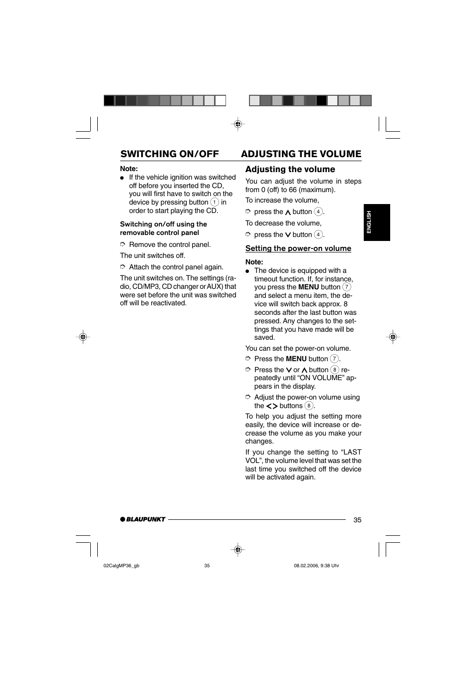 Adjusting the volume switching on/off, Adjusting the volume | Blaupunkt CALGARY MP36 User Manual | Page 8 / 31