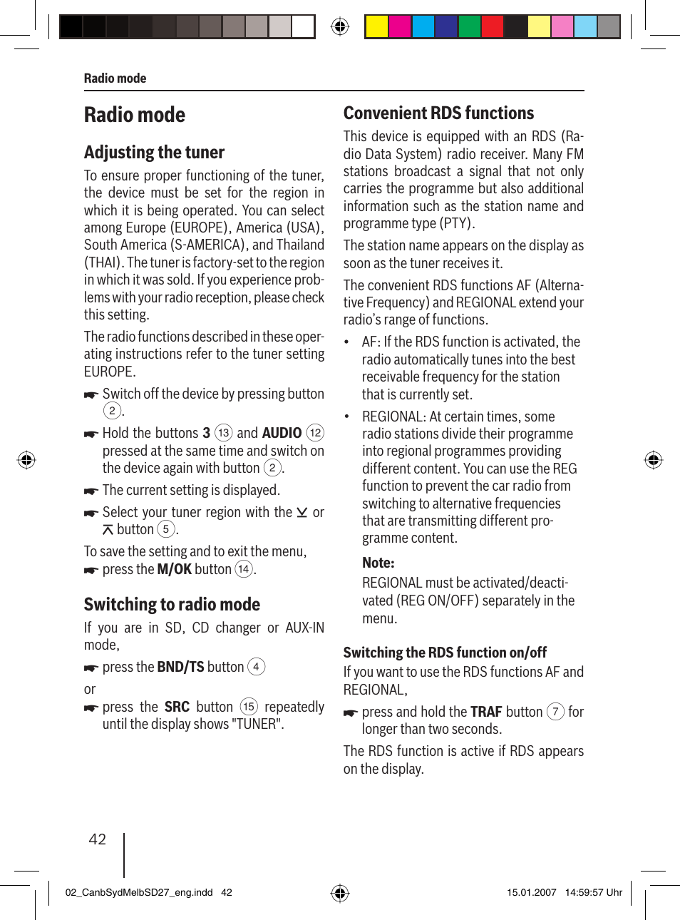 Radio mode, Adjusting the tuner, Switching to radio mode | Convenient rds functions | Blaupunkt CANBERRA 7 647 523 310 User Manual | Page 13 / 45